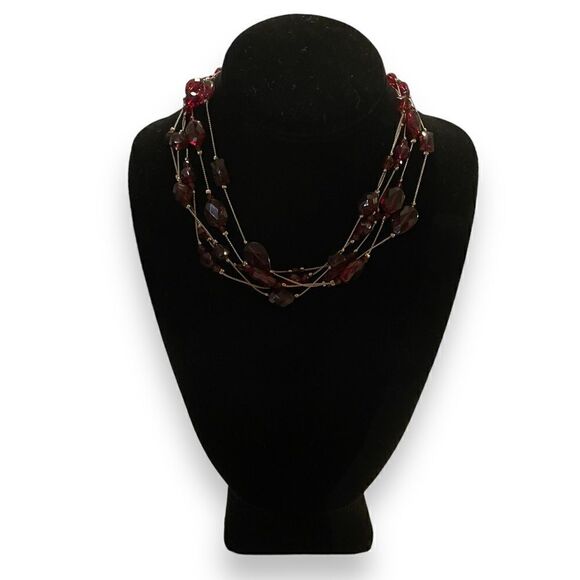 Gold Multi-Strand Red Beaded Choker Necklace - Picture 2 of 4
